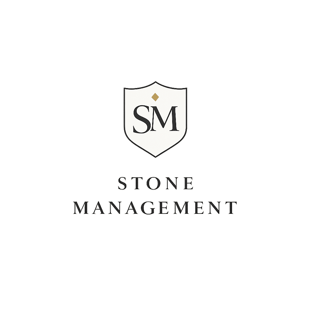 Stone Management logo — monogram crest with serif wordmark, private wealth style