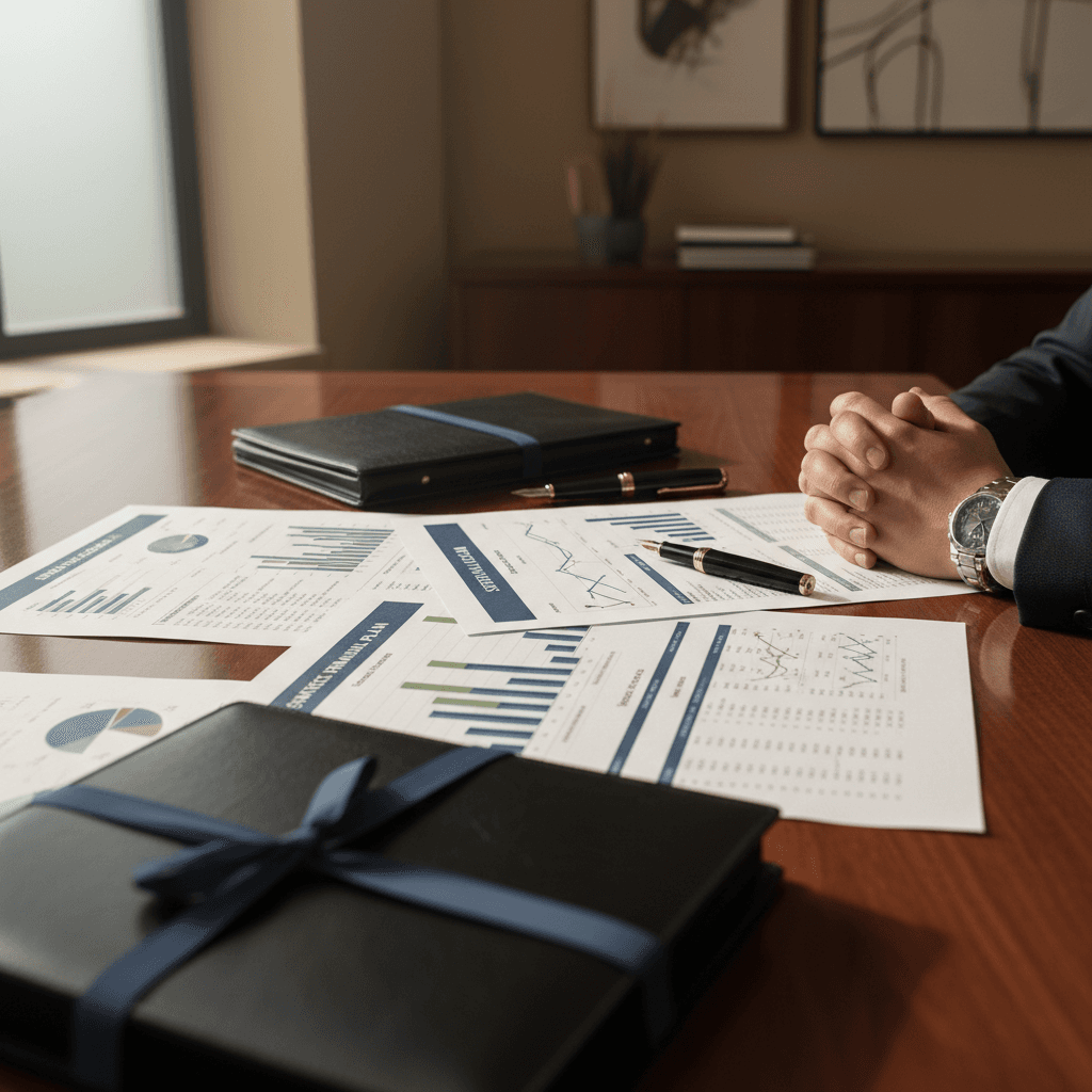 Sophisticated private office with elegant furnishings and financial planning materials