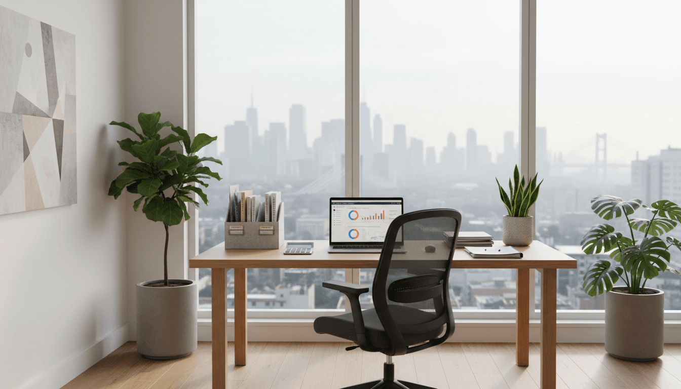 Modern luxury office with refined aesthetic and professional financial workspace