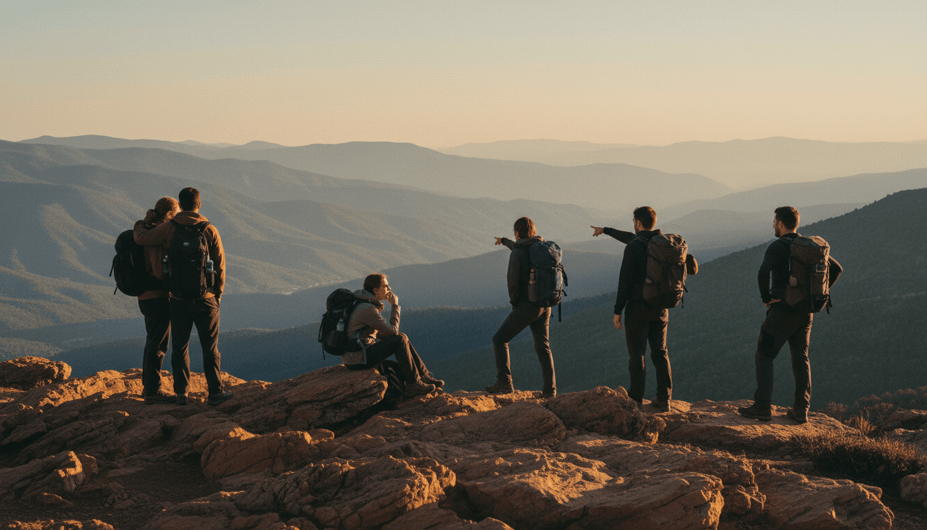 Large group of hikers gathered at a mountain overlook during golden hour, gazing at distant landscape valleys below.