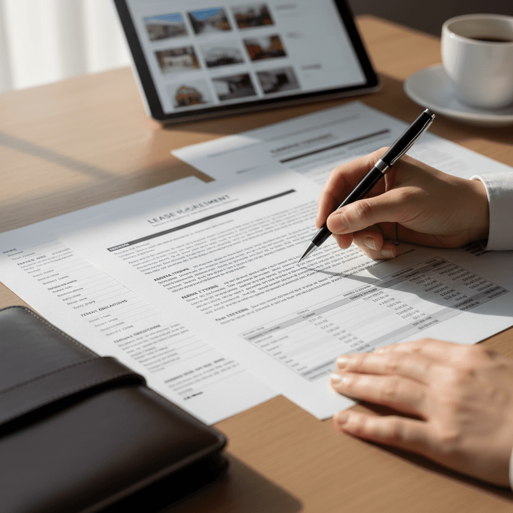 Property manager reviewing lease agreement and financial spreadsheet with pen on organized desk with tablet
